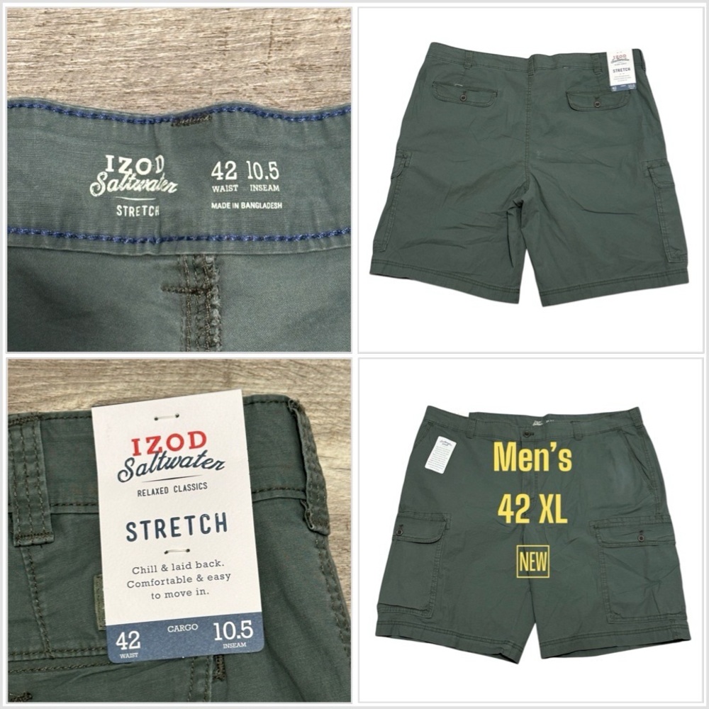 Men's IZOD Saltwater 42 XL Chino Khakis Cargo Utility Shorts Olive Green NWT